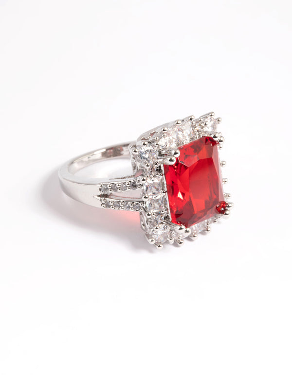 Rhodium Cubic Zirconia Red Asscher Ring