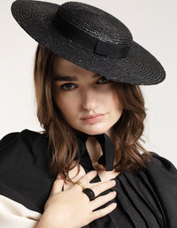 Black Ribbon Tie Braided Boater Hat - link has visual effect only