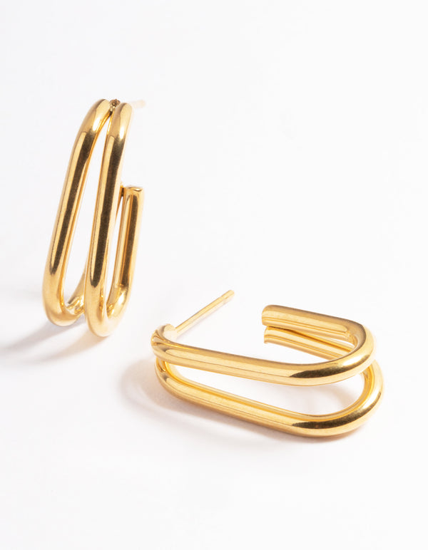 Waterproof Gold Plated Stainless Steel Oval Double Hoop Earrings