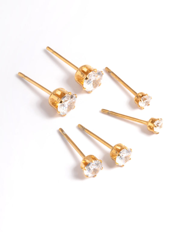 Waterproof Gold Plated Stainless Steel Cubic Zircconia Stud Earring Pack