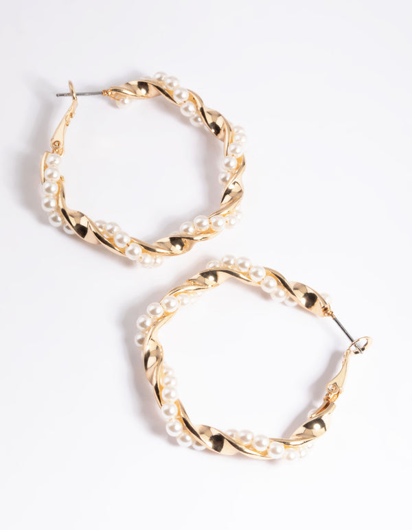 Gold Pearl Twist Hoop Earrings