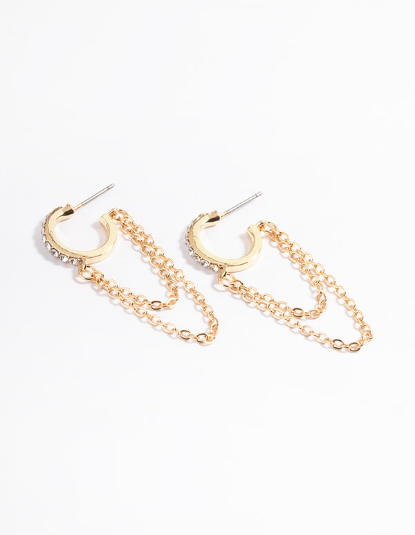 Gold Double Chain Diamante Huggie Earrings