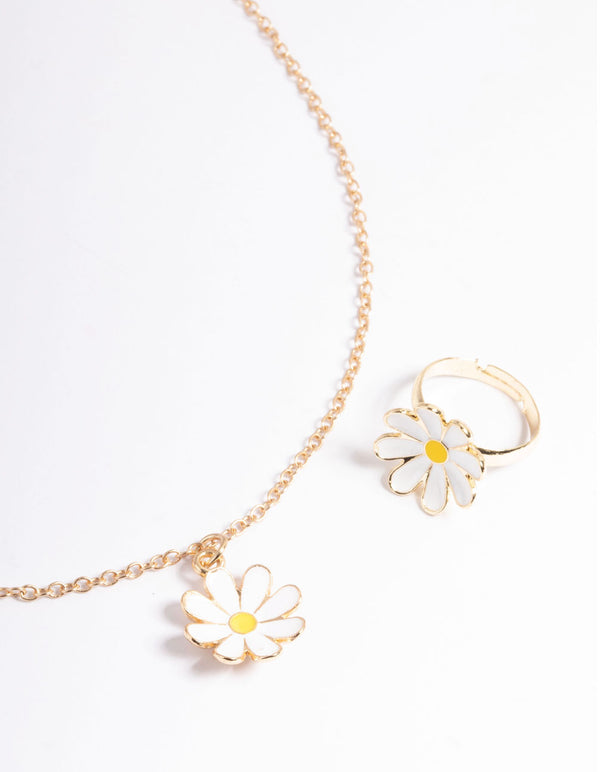 Kids White Daisy Necklace & Ring Set