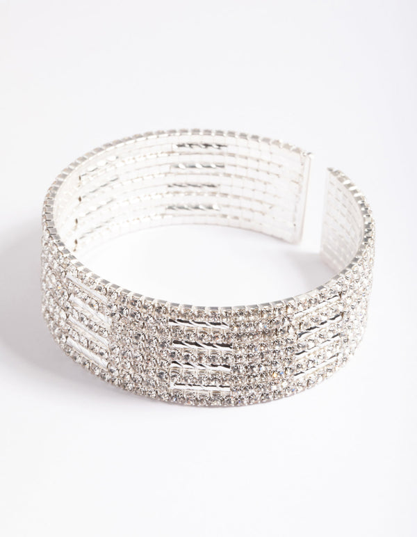 Silver Spiky 4 Row Diamante Cuff Bangle