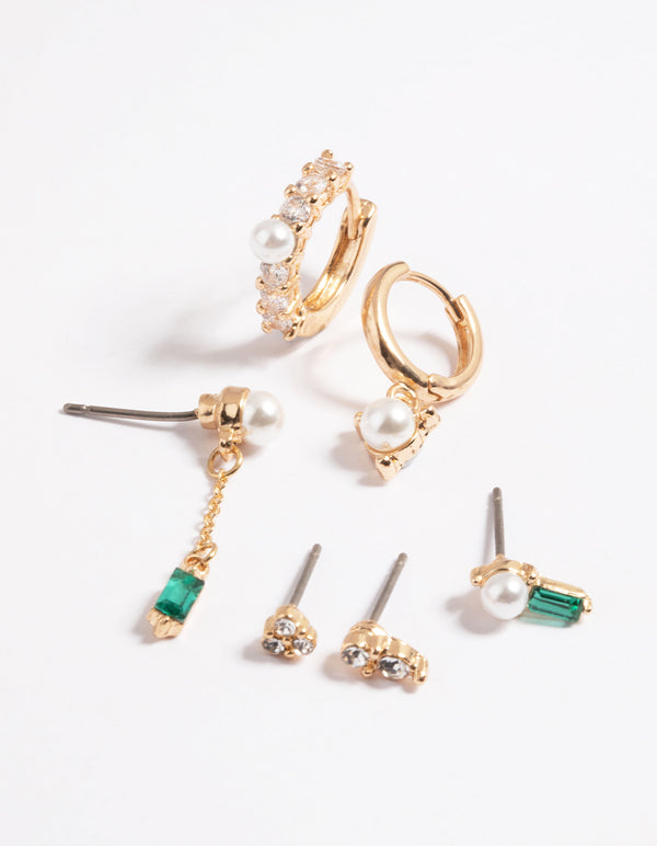 Gold Pearl & Emerald Earrings 6-Pack