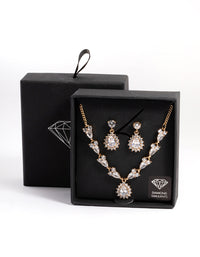 Gold Diamond Simulant Detail Teardrop Earrings & Necklace Set - link has visual effect only