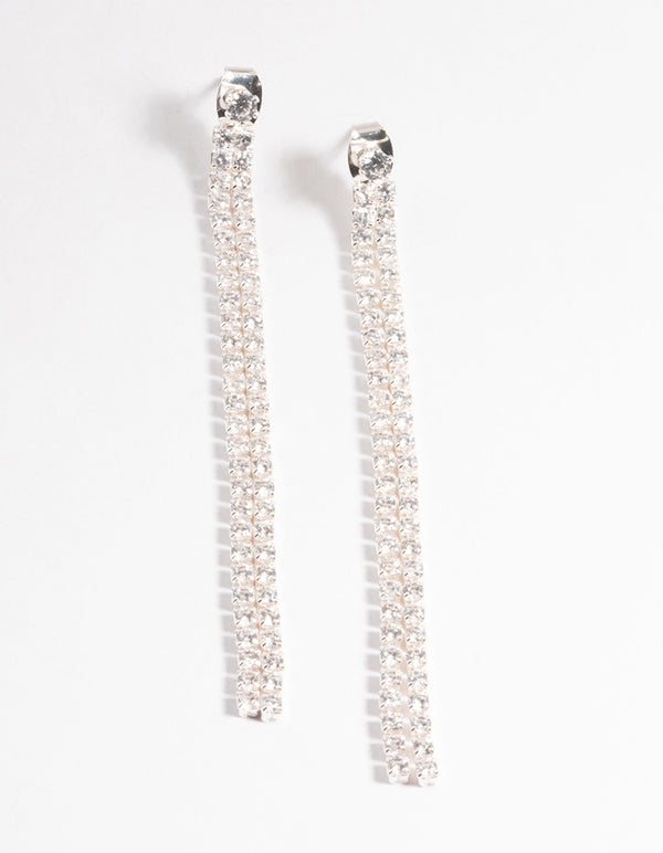 Silver Cubic Zirconia Cup Chain Back & Front Sandwich Earrings