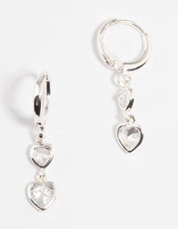 Silver Two Heart Drop Huggie Earrings - link has visual effect only