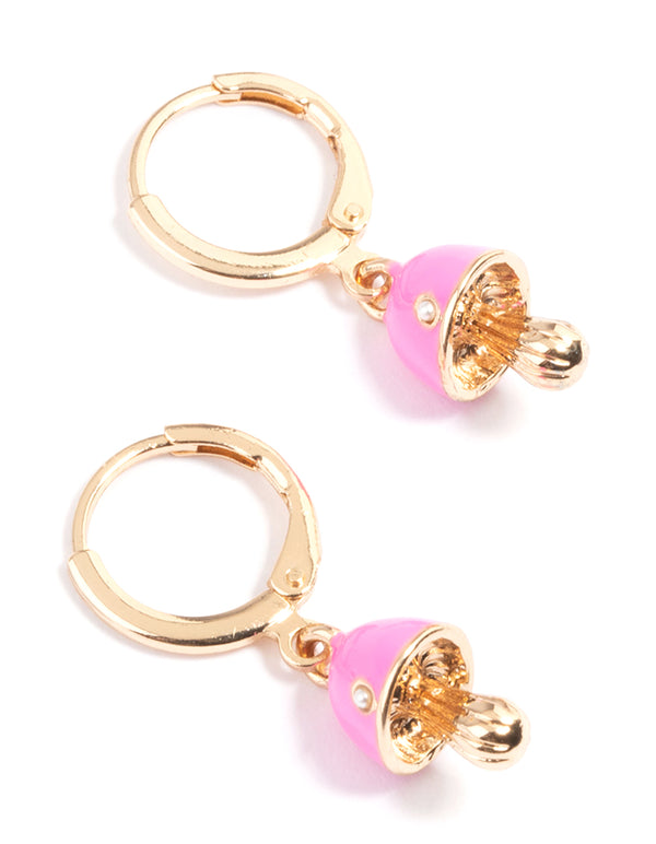 Gold Neon Pink Mushroom Huggie Earrings