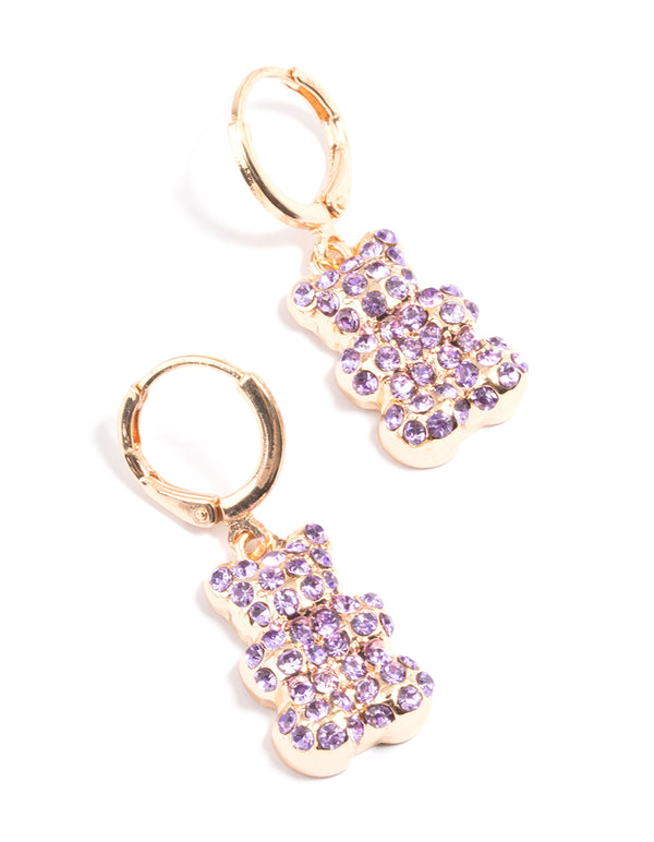 Purple Diamante Teddy Bear Huggie Earrings