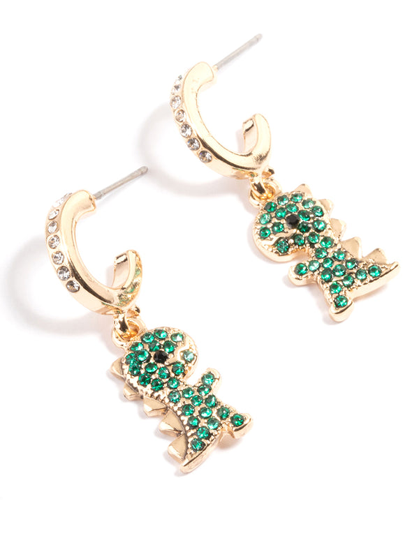 Gold Diamante Dinosaur Hoop Earrings