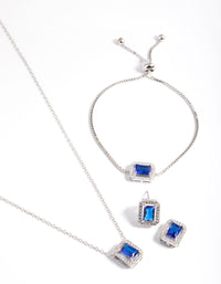 Silver Diamond Simulant Square Halo Earring, Necklace & Bracelet Set - link has visual effect only