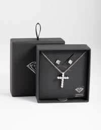 Rhodium Diamond Simulant Stud & Cross Necklace Set - link has visual effect only