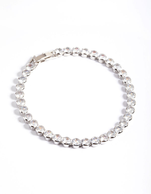 Rhodium Diamond Simulant Round Tennis Bracelet