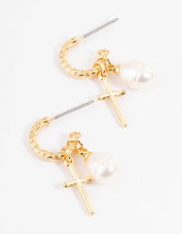 Gold Plated Cross & Freshwater Pearl Hoop Earrings - link has visual effect only