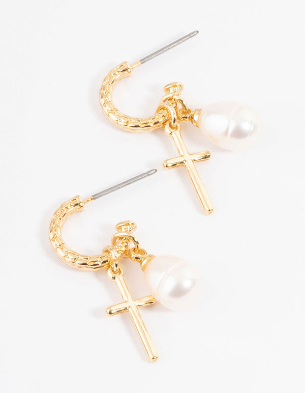 Gold Plated Cross & Freshwater Pearl Hoop Earrings