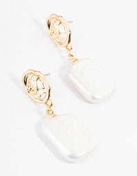 Gold Plated Oval Coin & Freshwater Pearl Drop Earrings - link has visual effect only