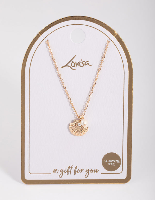 Gold Freshwater Pearl & Clam Pendant Necklace