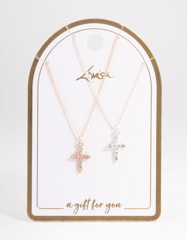 Mixed Metal Classic Diamante Cross Necklace Pack