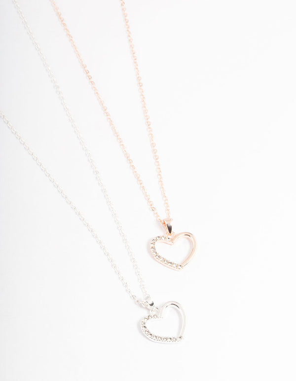 Mixed Metal Open Heart Diamante Necklace Pack