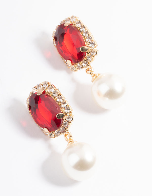 Red Oval Stone Pearly Stud Earrings