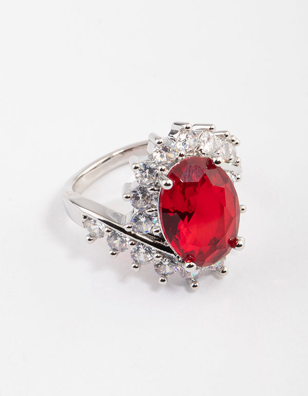 Rhodium Cubic Zirconia Vintage Red Oval Ring