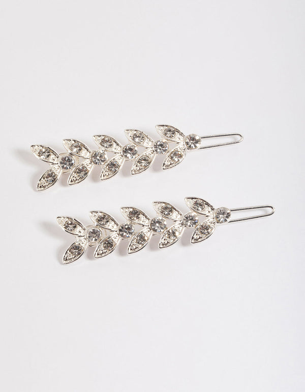 Silver Diamante Leaf Clips Pack