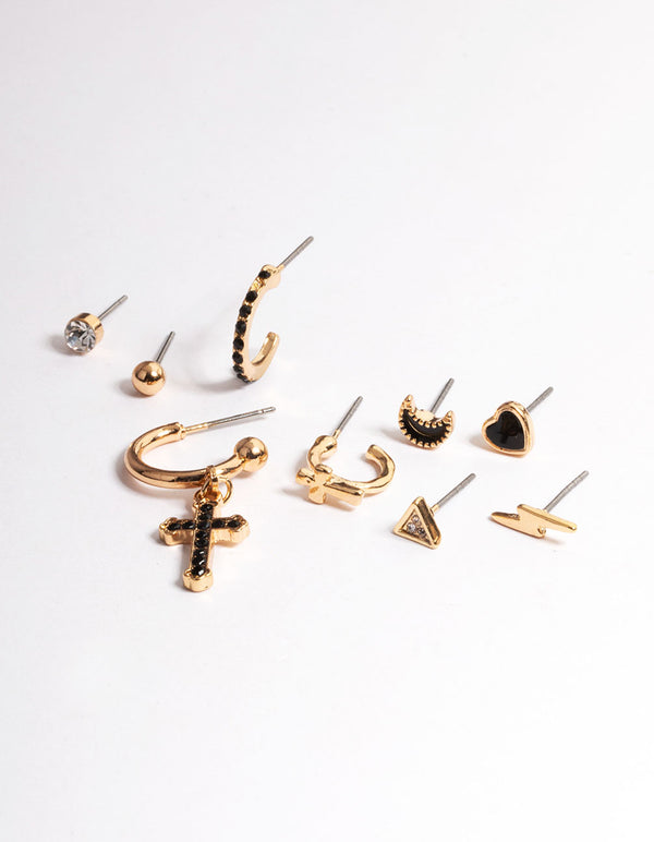 Gold Cross & Symbol Stack Earrings