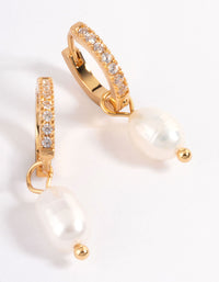 Waterproof Gold Plated Stainless Steel Diamante Freshwater Pearl Drop Huggie Earrings - link has visual effect only