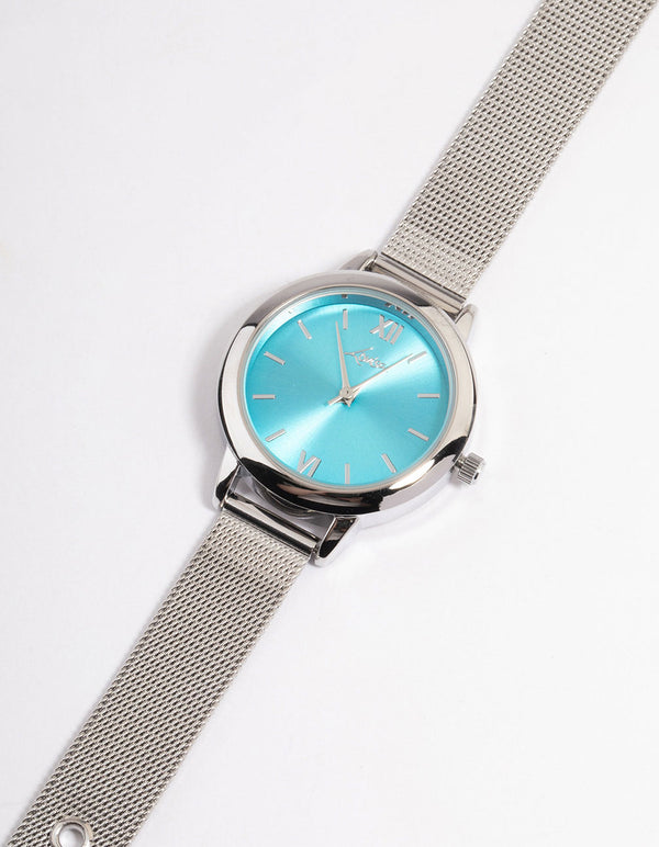 Silver Sun Ray Medium Mesh Blue Watch