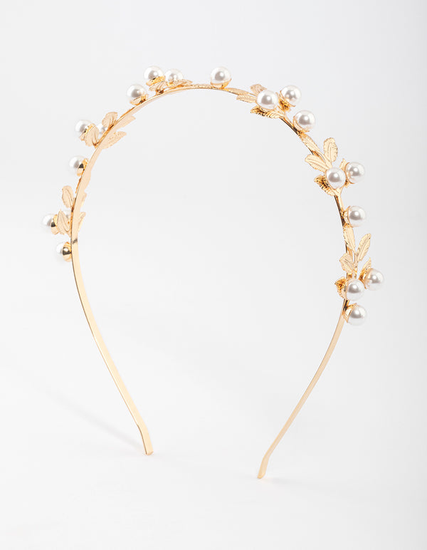 Gold Small Pearl Leaf Headband