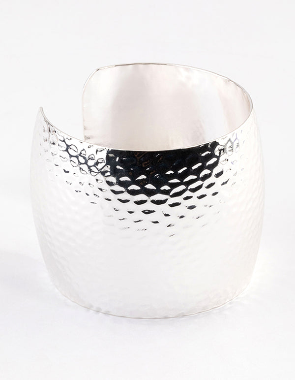 Silver Hammered Textured Wide Cuff Bangle