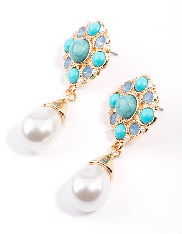 Gold Mixed Stone Pearl Drop Earrings