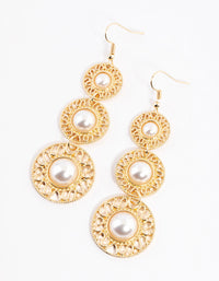 Gold Pearl Three Drop Vintage Earrings - link has visual effect only