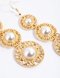 Gold Pearl Three Drop Vintage Earrings - link has visual effect only