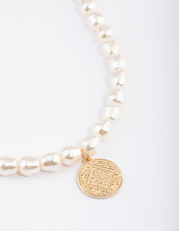 Gold Pearl & Disc Pendant Necklace