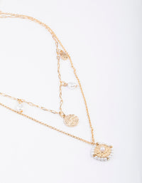 Gold Double Row Pearl Hammered Disc Necklace - link has visual effect only