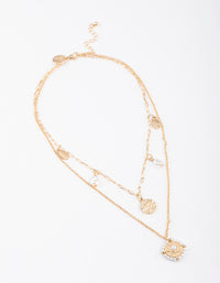 Gold Double Row Pearl Hammered Disc Necklace - link has visual effect only