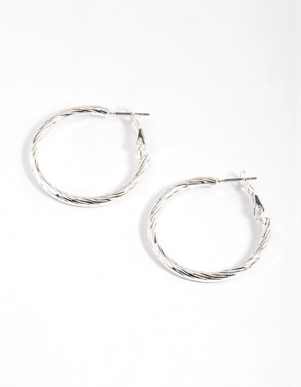 Silver Twisted Texture Hoop Earrings