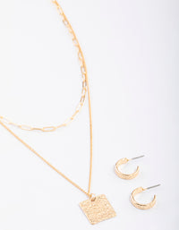 Gold Layered Textured Square Necklace & Earrings Set - link has visual effect only