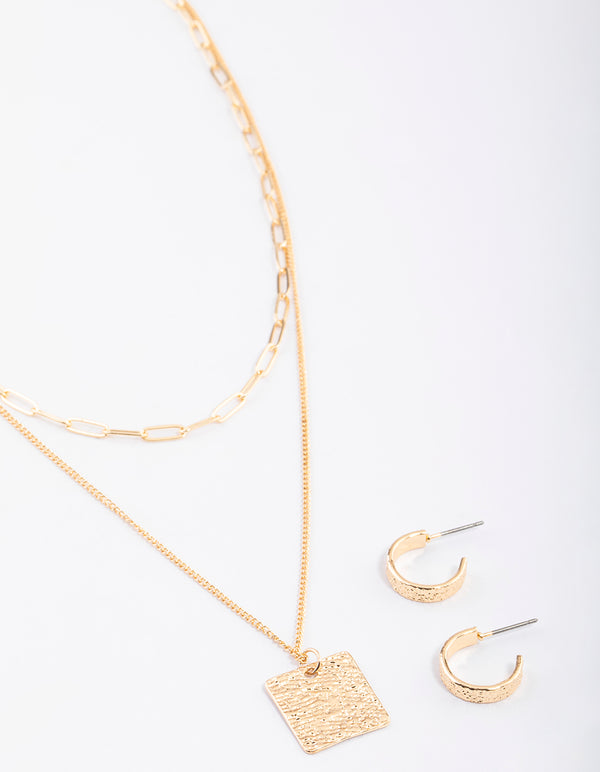 Gold Layered Textured Square Necklace & Earrings Set