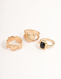 Gold Jet Black Etched Heart Ring Set - link has visual effect only