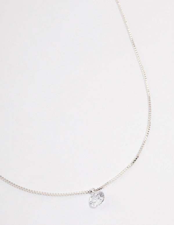 Silver Single Cubic Zirconia Box Chain Necklace