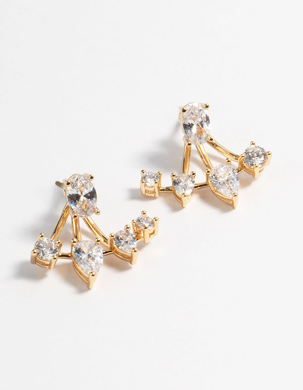 Gold Plated Cubic Zirconia Fan Jacket Earrings