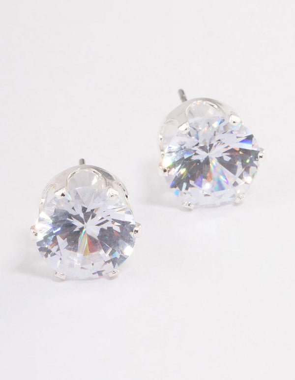 Silver Plated Cubic Zirconia Round Plain Stud Earrings