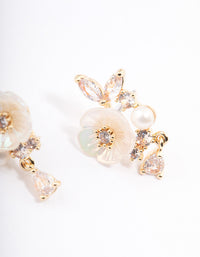 Gold Plated Cubic Zirconia Floral Detailed Pearl Earrings - link has visual effect only