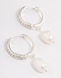 Silver Plated Freshwater Pearl Drop Cubic Zirconia Medium Huggie Earrings - link has visual effect only