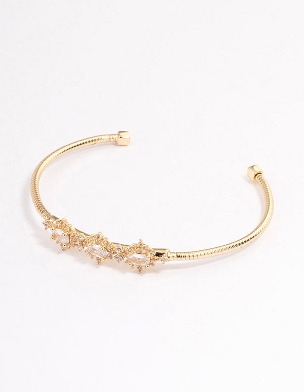 Gold Plated Cubic Zirconia Trio Flower Cuff Bangle