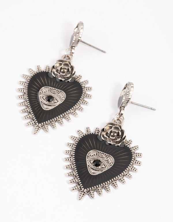 Rhodium Enamel Heart Rose Drop Earrings