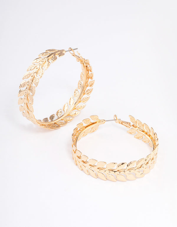 Gold Hammered Leaf Wrapped Hoop Earrings